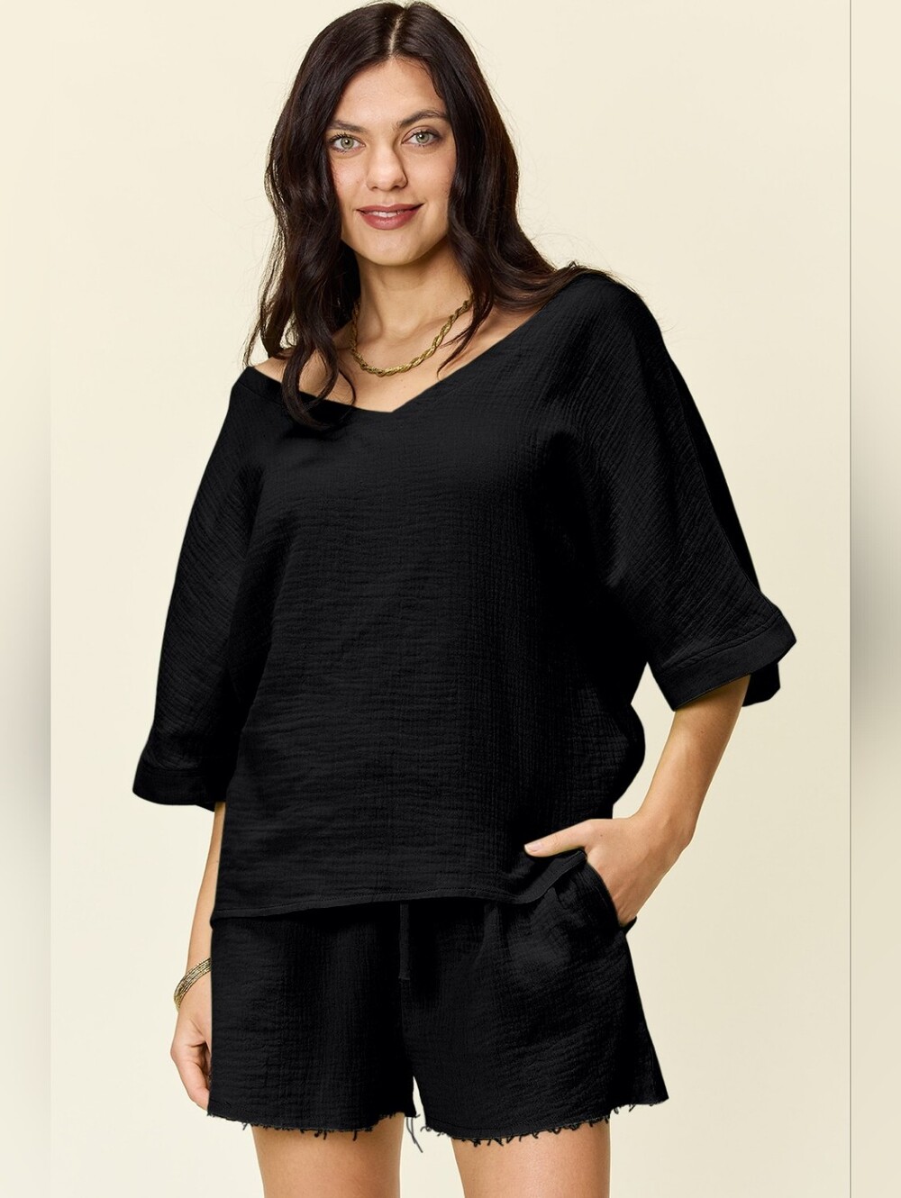 Black V-Neck Relaxed Top & High Waist Shorts Set- Women's Full & Plus Sizes - Picture 1 of 6